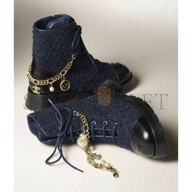 CHANEL LACE-UPS 		WOOL TWEED, CALFSKIN & METAL			NAVY BLUE & BLACK G39393 Y56125 K4839