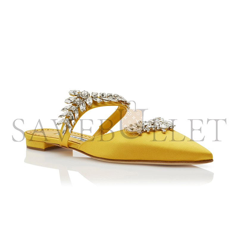 MANOLO BLAHNIK LURUMFLATUS YELLOW SATIN CRYSTAL EMBELLISHED FLAT MULES 122-1947-0004 MANOLO BLAHNIK LURUMFLATUS YELLOW SATIN CRYSTAL EMBELLISHED FLAT MULES 122-1947-0004