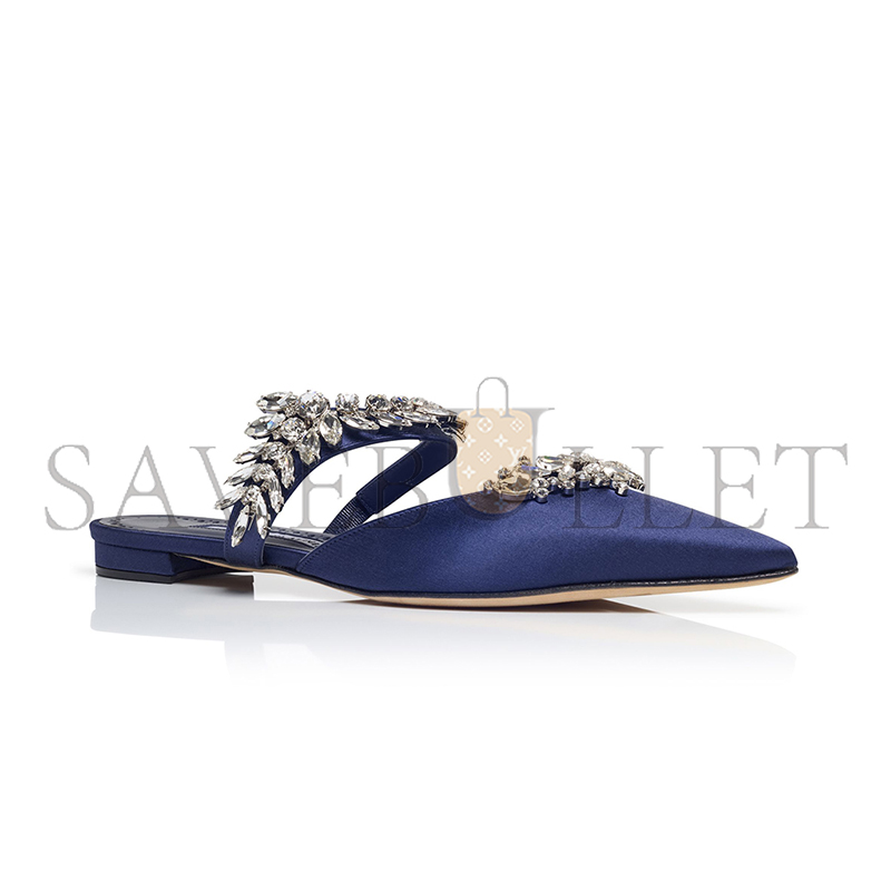 MANOLO BLAHNIK LURUMFLATUS NAVY BLUE SATIN CRYSTAL EMBELLISHED FLAT MULES 122-1947-0006 MANOLO BLAHNIK LURUMFLATUS NAVY BLUE SATIN CRYSTAL EMBELLISHED FLAT MULES 122-1947-0006