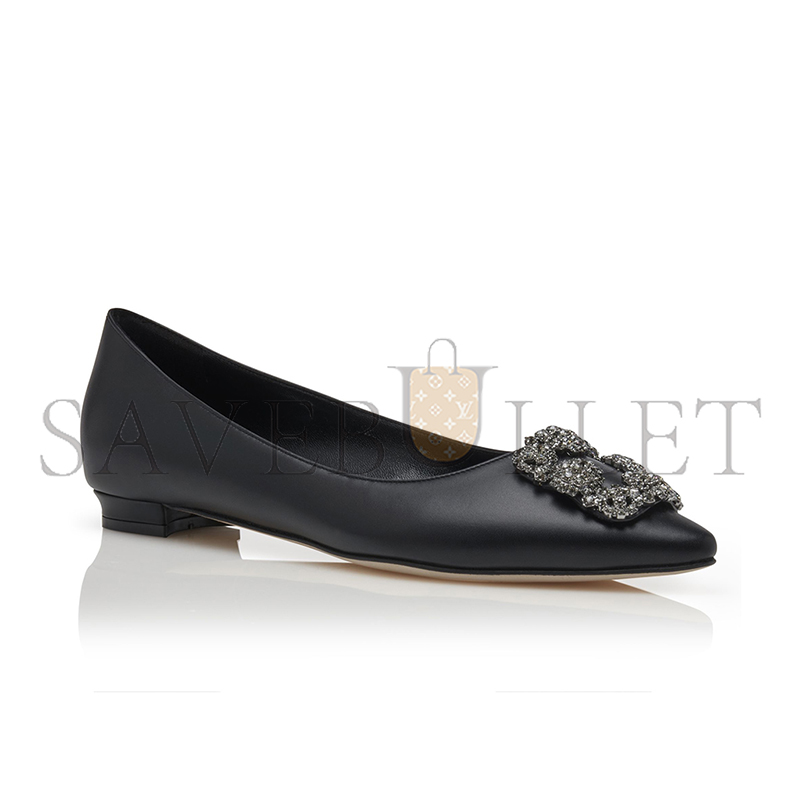 MANOLO BLAHNIK HANGISIFLAT BLACK CALF LEATHER JEWEL BUCKLE FLAT PUMPS 121-1657-0001 MANOLO BLAHNIK HANGISIFLAT BLACK CALF LEATHER JEWEL BUCKLE FLAT PUMPS 121-1657-0001