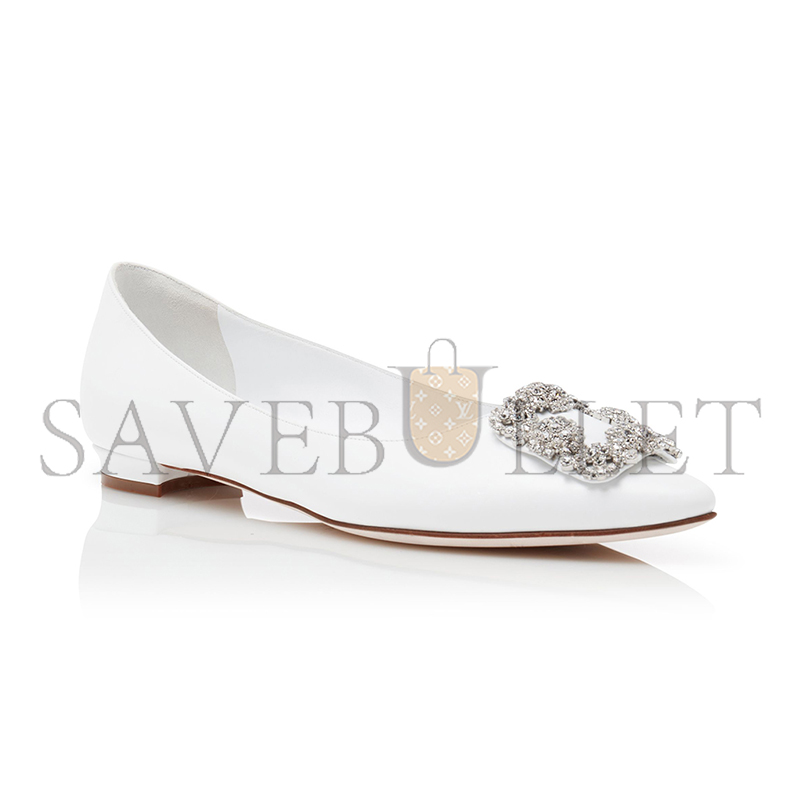 MANOLO BLAHNIK HANGISIFLATU WHITE CALF LEATHER JEWEL BUCKLE FLAT PUMPS 121-1438-0001 MANOLO BLAHNIK HANGISIFLATU WHITE CALF LEATHER JEWEL BUCKLE FLAT PUMPS 121-1438-0001