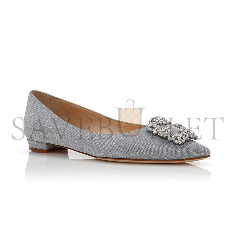 MANOLO BLAHNIK HANGISIFLAT GLITTER SILVER GLITTER FABRIC JEWEL BUCKLE FLAT PUMPS 9XX-0590-0013 MANOLO BLAHNIK HANGISIFLAT GLITTER SILVER GLITTER FABRIC JEWEL BUCKLE FLAT PUMPS 9XX-0590-0013
