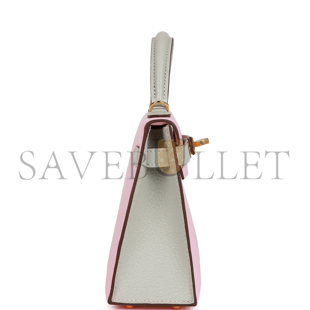 HERMES SPECIAL ORDER (HSS) KELLY SELLIER 20 ROSE SAKURA AND GRIS PERLE CHEVRE GOLD HARDWARE  (19*12*5.5cm)