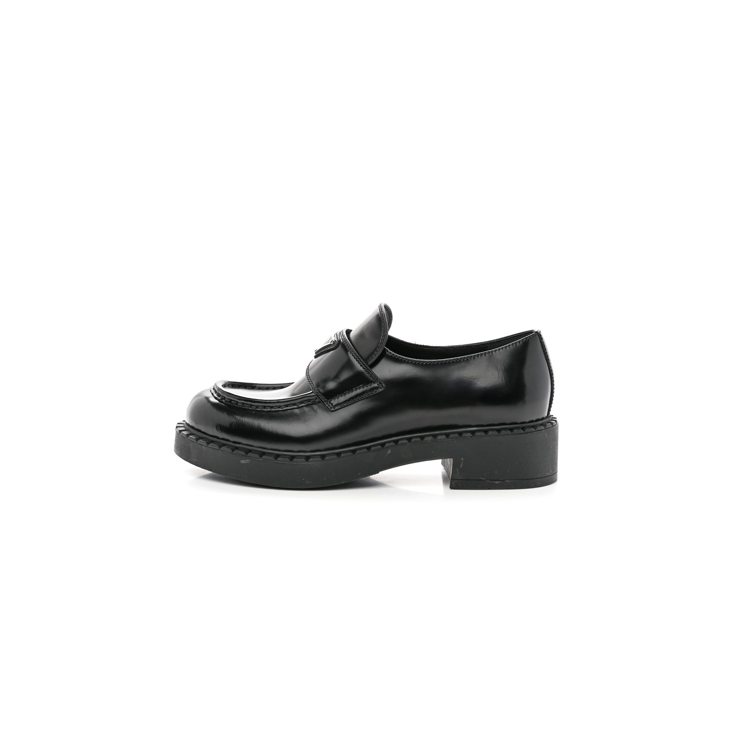 PRADA SPAZZOLATO METAL TRIANGLE LOGO 50MM LUG SOLE LOAFERS 39 BLACK