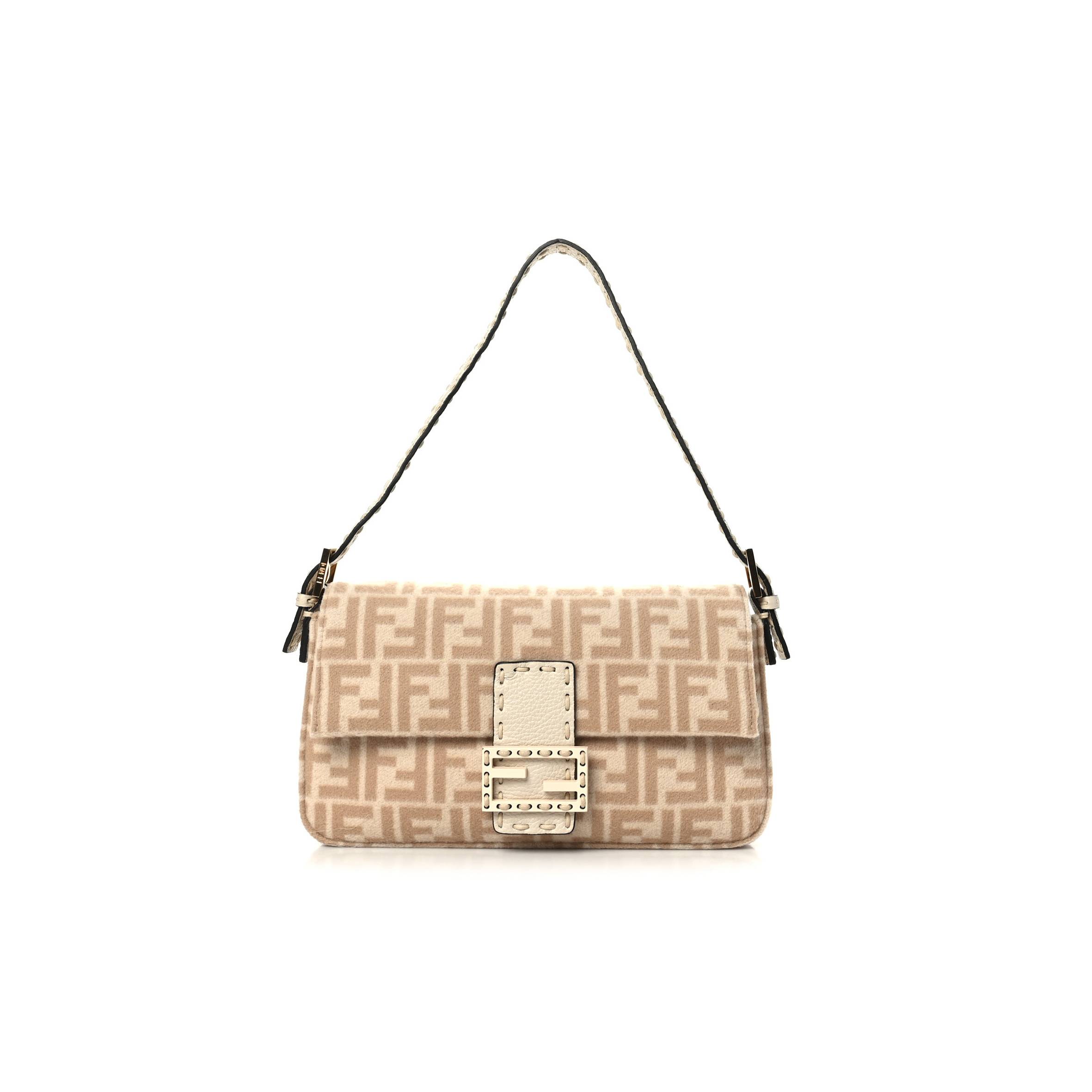 FENDI WOOL CUOIO ROMANO SELLERIA FF 1974 BAGUETTE 1997 BEIGE CAMMELLO CAMELIA (27*15*6cm) FENDI WOOL CUOIO ROMANO SELLERIA FF 1974 BAGUETTE 1997 BEIGE CAMMELLO CAMELIA (27*15*6cm)