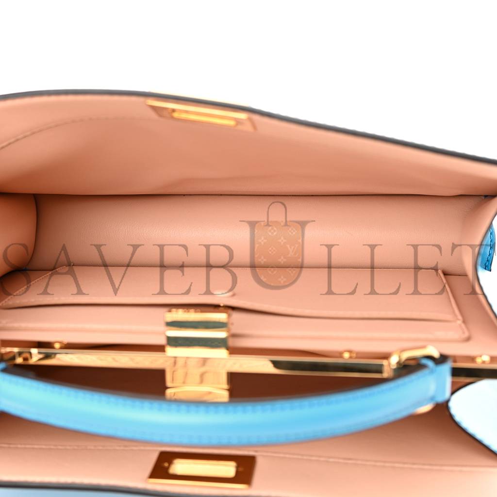 FENDI VITELLO KING LUXOR SHINY NAPPA MEDIUM PEEKABOO I SEE U EAST WEST SATCHEL CYBER BLUE LIGHT ROSE (29*18*11cm)